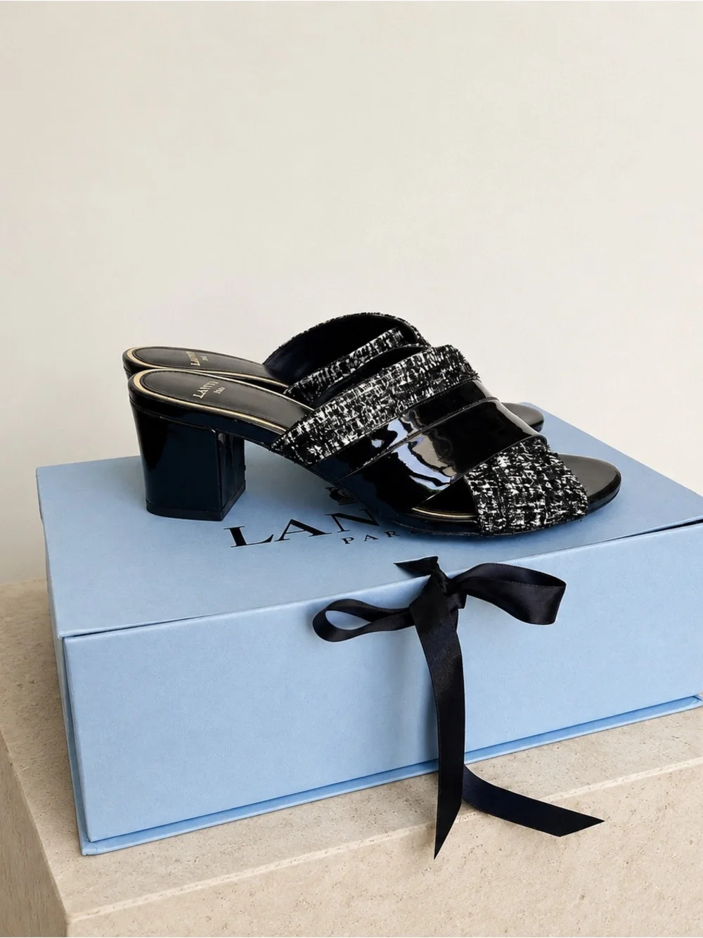 Lanvin Black Tweed & Patent Leather Crisscross Slide Mules